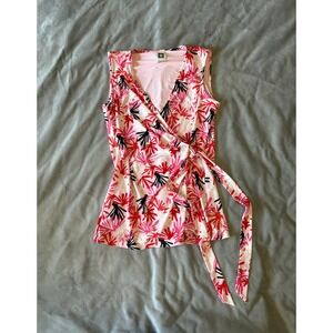 Anne Klein Pink Red Floral Burst Sleeveless Wrap Side Tie Top Blouse Small